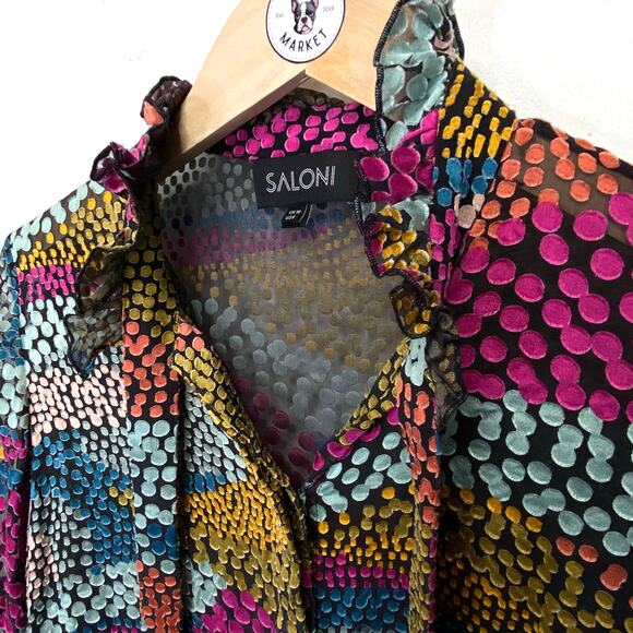Saloni Polka Dot Devore Satin Blouse Sz 6 Multicolor Sheer Ruffle Cuff Whimsical - Picture 4 of 13